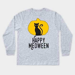 Happy Meoween – Halloween Pumpkin Cat Silhouette Kids Long Sleeve T-Shirt